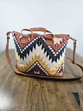 Boho Kilim Style Weekender Bag Travel Duffle Tote Embroidered Leather